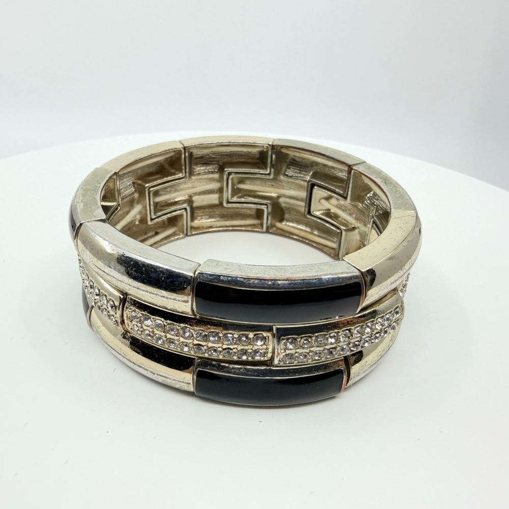 Vintage Y2K Silver Tone Black Enamel Rhinestone Triple Row Cuff Bracelet